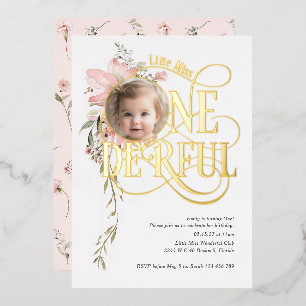 Invitación Con Relieve Metalizado Niña onederful cumpleaños 1 año foto de flor silve
