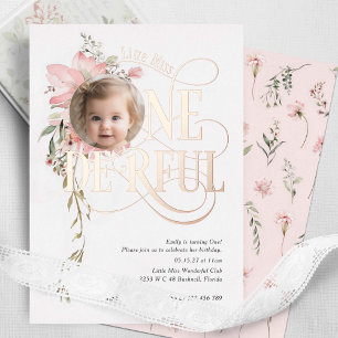 Invitación Con Relieve Metalizado Niña onederful cumpleaños 1 año foto de flor silve