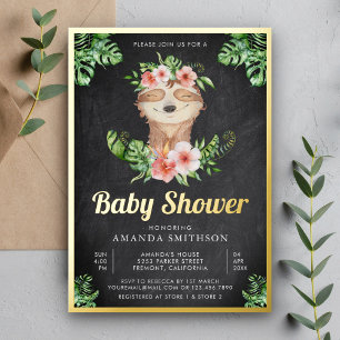 Invitación Con Relieve Metalizado Niña Perezosa Floral Monograma Pizarra Baby Shower