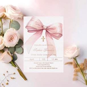 Invitación Con Relieve Metalizado Niña rosa de comunión con lazo rosa y oro