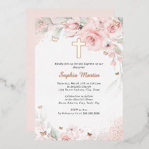 Invitación Con Relieve Metalizado Niña Rosa Rubor Oro Rosado Cruz Floral Bautizo 