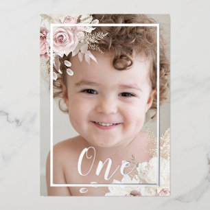 Invitación Con Relieve Metalizado Niñas / Niño Rubor Blanco Floral 1er Cumpleaños Pl