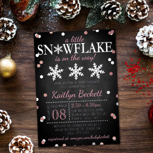 Invitación Con Relieve Metalizado Niñas Pequeñas Copos de Nieve Invierno Baby Shower