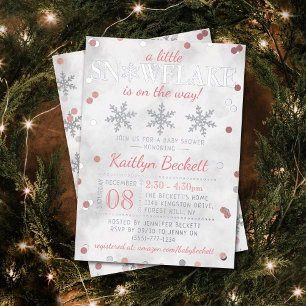 Invitación Con Relieve Metalizado Niñas Pequeñas Copos de Nieve Invierno Baby Shower