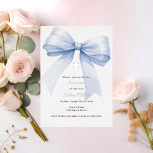 Invitación Con Relieve Metalizado Niño con lazo azul Bautizo plata