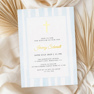 Invitación Con Relieve Metalizado Niño de acuarela azul Bautismo 