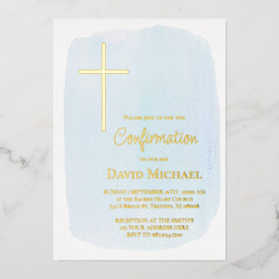 Invitación Con Relieve Metalizado niño de confirmación acuarela azul pastel