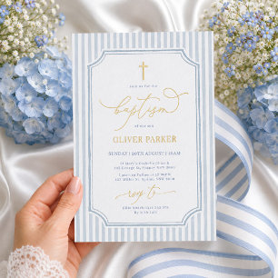 Invitación Con Relieve Metalizado Niño de Rayas Blancas y Azules Bautizo