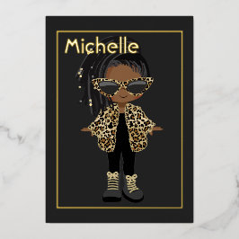 Invitación Con Relieve Metalizado Niños de moda Hip Hop Negros y Dorados Cumpleaños