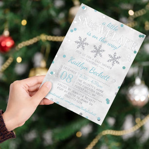 Invitación Con Relieve Metalizado Niños Pequeños Copo de Nieve Ducha de Bebé de Invi