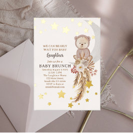 Invitación Con Relieve Metalizado No Podemos Esperar Brunch Boho Oso Luna Bebé