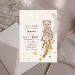 Invitación Con Relieve Metalizado No Podemos Esperar Brunch Boho Oso Luna Bebé