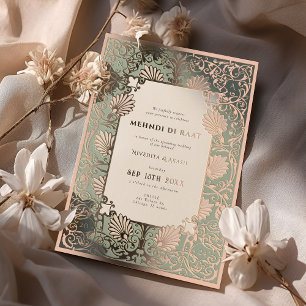 Invitación Con Relieve Metalizado Noche de Mehndi Rosa Accentos de Hoja de Oro Boda