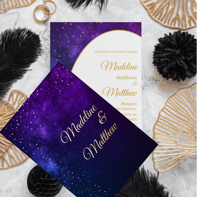 Invitación Con Relieve Metalizado Noche de oro Sky Stars Purple Modern Boda (Subido por el creador)