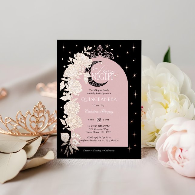 Invitación Con Relieve Metalizado Noche estrellada Luna Celestial Quinceanera Floral (Starry Night Quinceanera Floral Celestial Moon Foil Invitation)