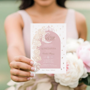 Invitación Con Relieve Metalizado Noche Estrellada Quinceañera Floral Celestial Luna