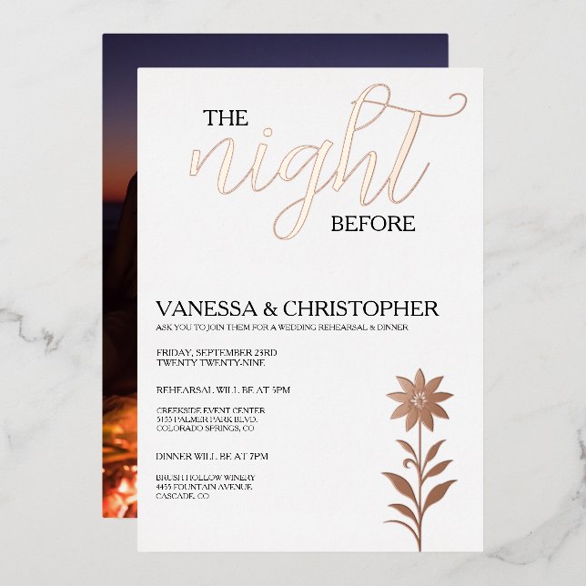 Invitación Con Relieve Metalizado Noche floral antes del ensayo Boda (Anverso/Reverso)
