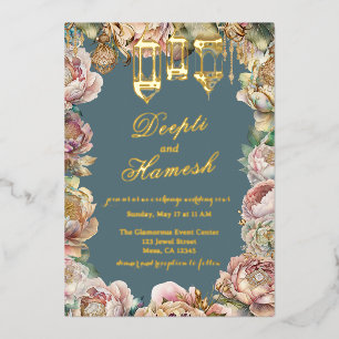 Invitación Con Relieve Metalizado Noches árabes Glamurosas Bodas Florales Azules