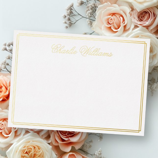 Invitación Con Relieve Metalizado Nombrar guión romántico Relieve metalizado dorado  (Name romantic script silver gold foil note card)
