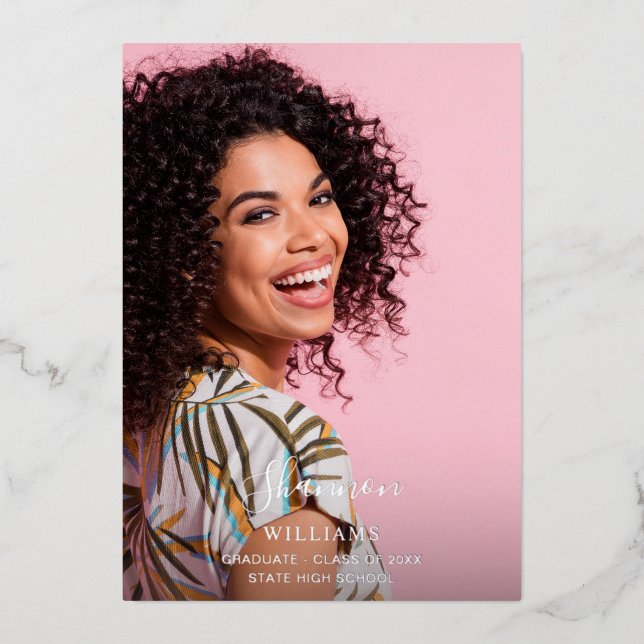 Invitación Con Relieve Metalizado Nombre de guión grande Fiesta de fotos luz vertica (Anverso)