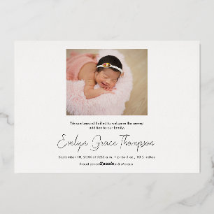 Invitación Con Relieve Metalizado Nombre de niña bebé minimalista Escritura Foto Nac