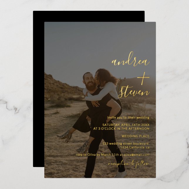 Invitación Con Relieve Metalizado Nombre guión simple guión de foto boda oro (Anverso/Reverso)