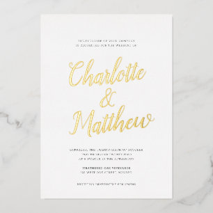 Invitación Con Relieve Metalizado Nombre Sobredimensionado Caligrafía Script Boda RE
