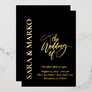 Invitación Con Relieve Metalizado NOMBRES DE oro negro Boda simple