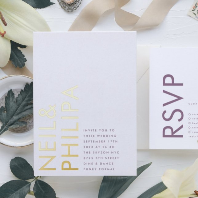 Invitación Con Relieve Metalizado NOMBRES Lilac morado modernos simple (Invitation showcasing suite - additional items (bought separately))