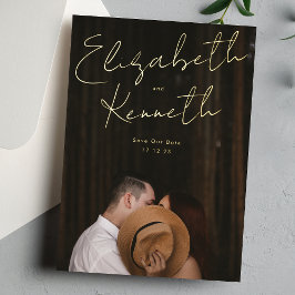 Invitación Con Relieve Metalizado Nombres personalizados Foto de oro moderna Guardar