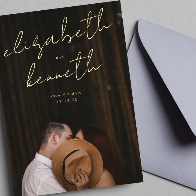 Invitación Con Relieve Metalizado Nombres personalizados Foto de oro moderna Guardar (Subido por el creador)