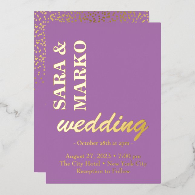 Invitación Con Relieve Metalizado NOMBRES Purple Moderno Boda simple (Anverso/Reverso)