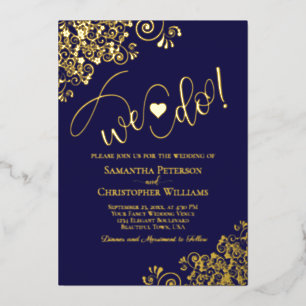 Invitación Con Relieve Metalizado ¡Nos Casamos! Boda Moderna Lindo Azul Marino y Dor