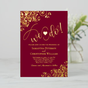 Invitación Con Relieve Metalizado ¡Nos Casamos! Monada de Boda Moderna Burgundy & Or