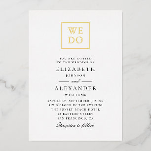 Invitación Con Relieve Metalizado Nos casamos. Tipografía simple elegante dorada par