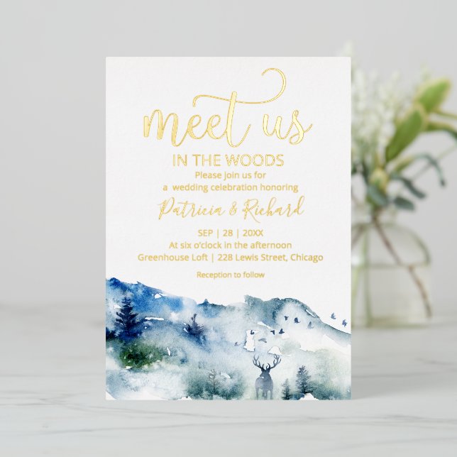 Invitación Con Relieve Metalizado Nos Conoce En El Boda Al Aire Libre De Woods Fores (Anverso de pie)