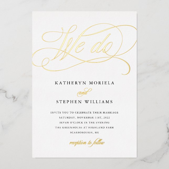 Invitación Con Relieve Metalizado NOSOTROS HACEMOS Boda de caligrafía clásica Gold (Anverso)