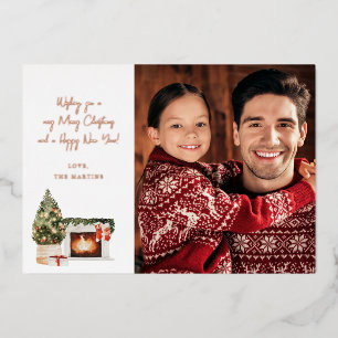 Invitación Con Relieve Metalizado Nota de Navidad con chimenea Foto Navidad