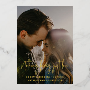 Invitación Con Relieve Metalizado Nothing Fancy Just Love QR Foto de Boda Save The 