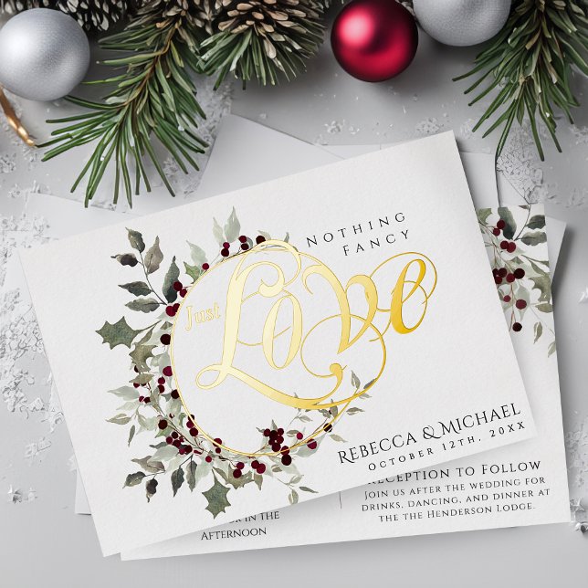 Invitación Con Relieve Metalizado Nothing Fancy Just Love Winter Holly Wedding Gold (Subido por el creador)