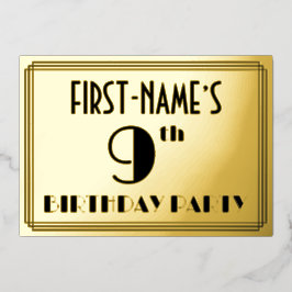 Invitación Con Relieve Metalizado Novena Fiesta de Cumpleaños — Art Deco Look "9" + 