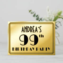 Invitación Con Relieve Metalizado Novena Fiesta de Cumpleaños — Aspecto Art Deco "99