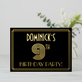 Invitación Con Relieve Metalizado Novena Fiesta de Cumpleaños — Estilo Art Deco "9" 