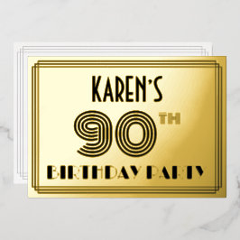 Invitación Con Relieve Metalizado Novena Fiesta de Cumpleaños — Estilo Art Deco "90"