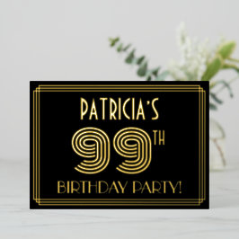Invitación Con Relieve Metalizado Novena Fiesta de Cumpleaños — Estilo Art Deco "99"