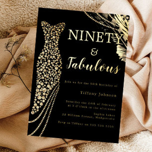 Invitación Con Relieve Metalizado Noventa y Fabuloso Vestido Dorado Elegante Cumplea