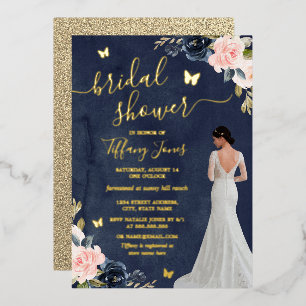 Invitación Con Relieve Metalizado Novia Azul Marino Floral Lluvia de Novia