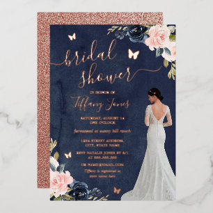 Invitación Con Relieve Metalizado Novia Azul Marino Rosa Dorado Floral Lluvia de Bod