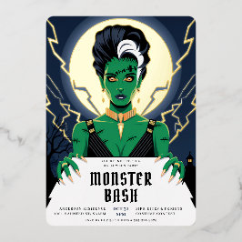 Invitación Con Relieve Metalizado Novia de Frankenstein Monster Bash de Halloween