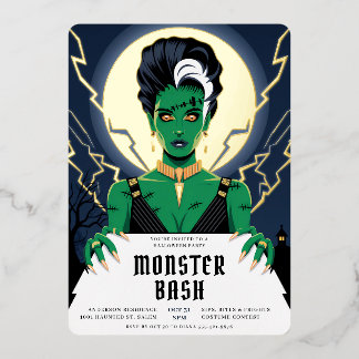 Invitación Con Relieve Metalizado Novia de Halloween Monster Bash